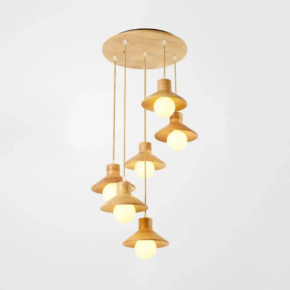 Modern Wooden Pendant Light in Beige for Kid's Room - Coolie Shade Hanging Light with Linear/Round Canopy