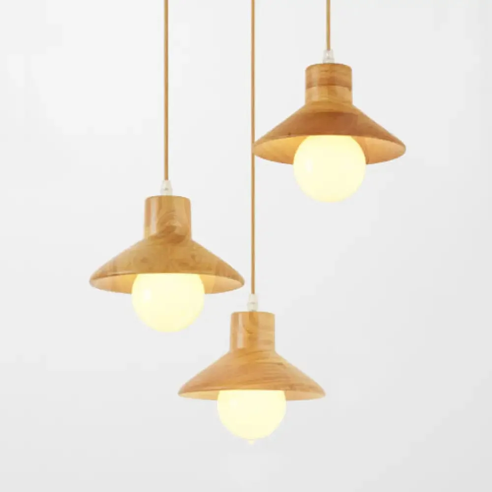 Modern Wooden Pendant Light in Beige for Kid's Room - Coolie Shade Hanging Light with Linear/Round Canopy