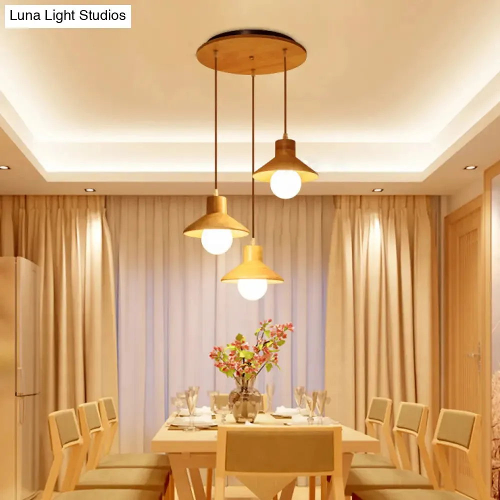 Modern Wooden Pendant Light in Beige for Kid's Room - Coolie Shade Hanging Light with Linear/Round Canopy