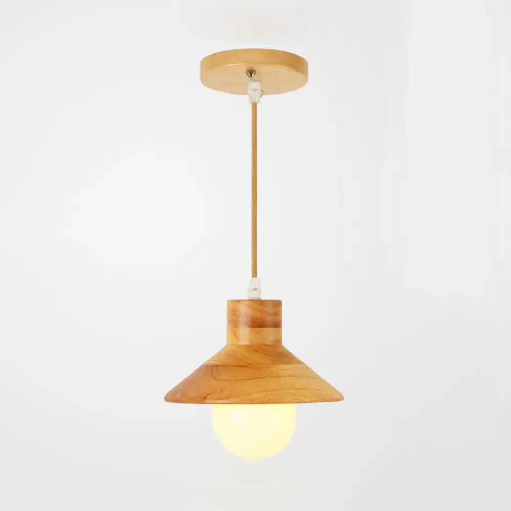 Modern Wooden Pendant Light in Beige for Kid's Room - Coolie Shade Hanging Light with Linear/Round Canopy