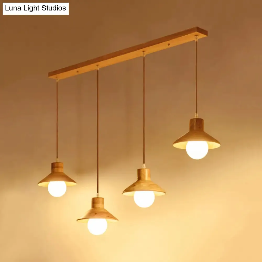 Modern Wooden Pendant Light in Beige for Kid's Room - Coolie Shade Hanging Light with Linear/Round Canopy