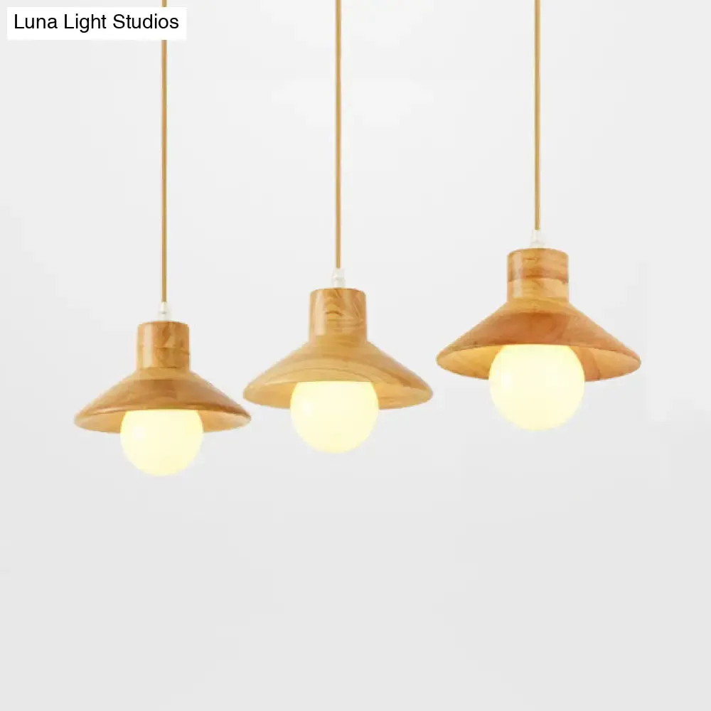 Modern Wooden Pendant Light in Beige for Kid's Room - Coolie Shade Hanging Light with Linear/Round Canopy
