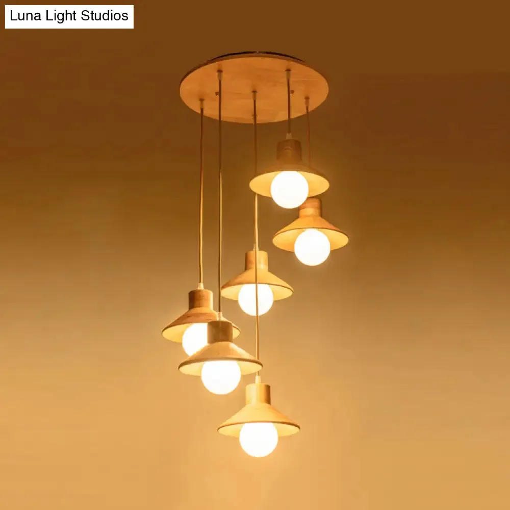 Modern Wooden Pendant Light in Beige for Kid's Room - Coolie Shade Hanging Light with Linear/Round Canopy