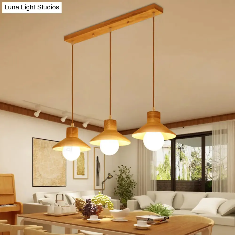 Modern Wooden Pendant Light in Beige for Kid's Room - Coolie Shade Hanging Light with Linear/Round Canopy