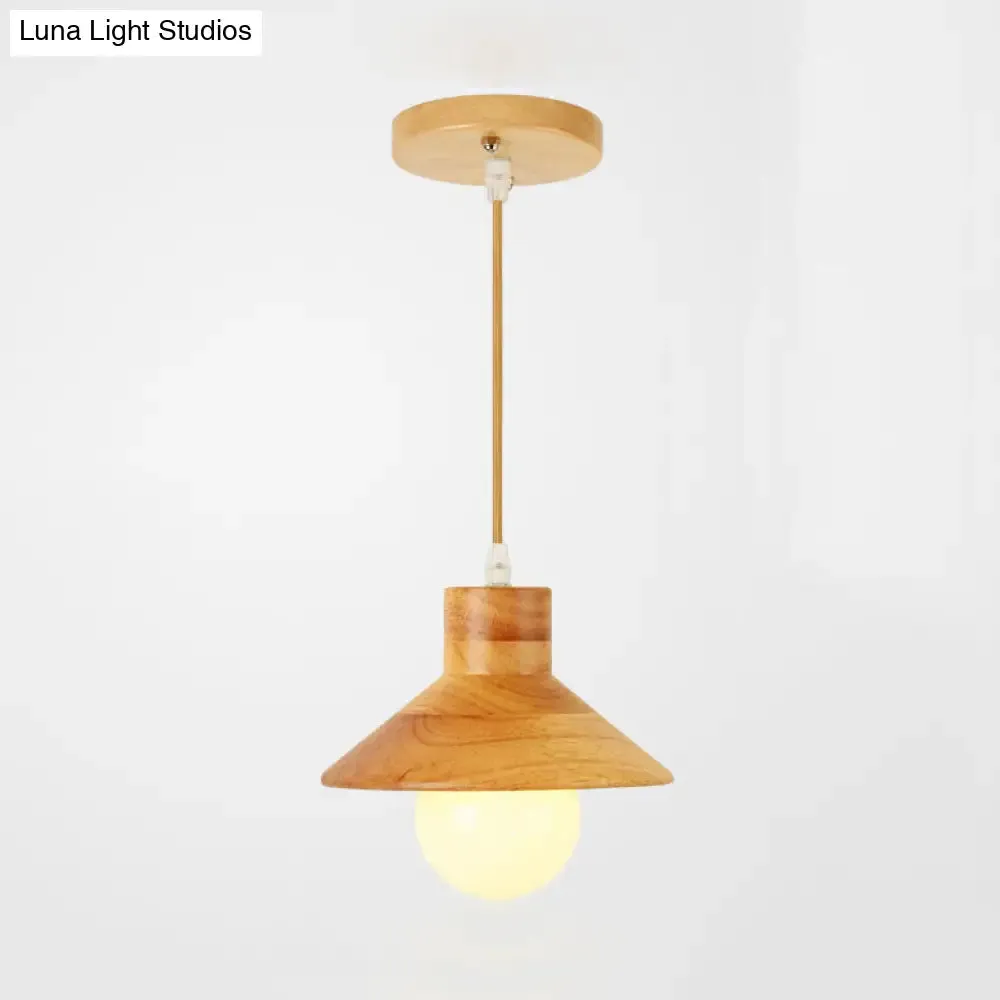 Modern Wooden Pendant Light in Beige for Kid's Room - Coolie Shade Hanging Light with Linear/Round Canopy