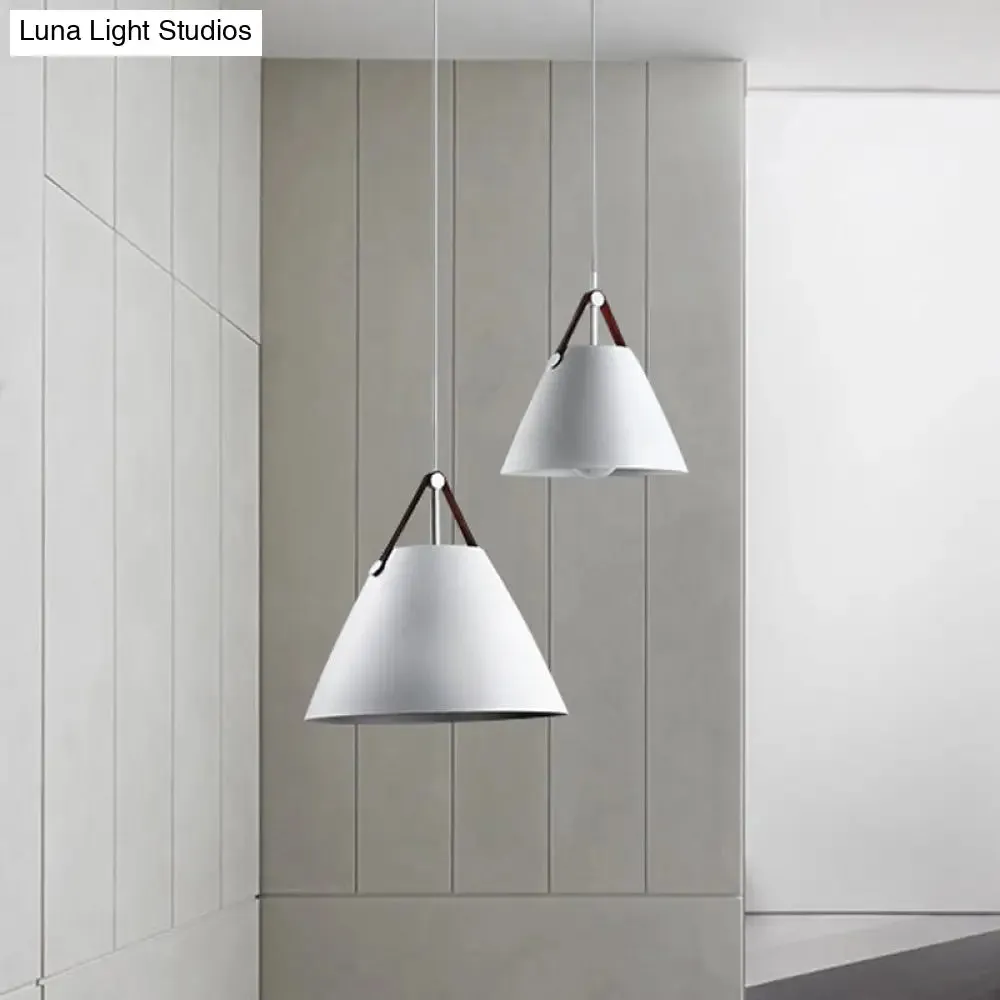 Modernist Conical Pendant Lighting - Metallic Suspension Light with Leather Strap - Black/Blue - 10.5"/14" W - 1 Bulb - Perfect for Tables