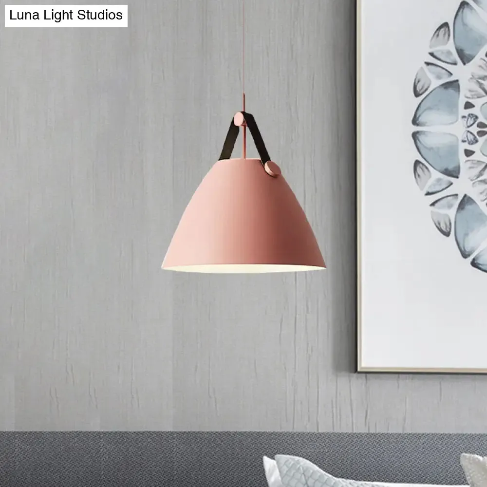 Modernist Conical Pendant Lighting - Metallic Suspension Light with Leather Strap - Black/Blue - 10.5"/14" W - 1 Bulb - Perfect for Tables