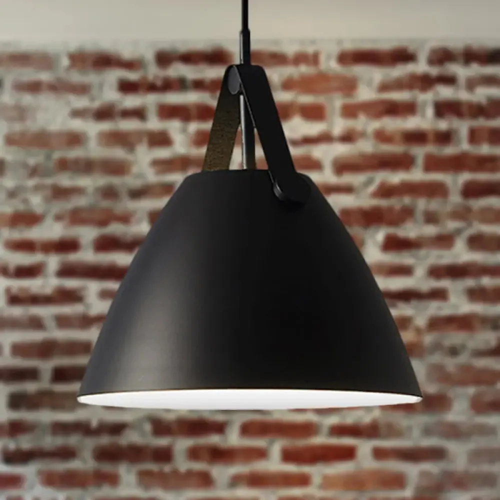 Modernist Conical Pendant Lighting - Metallic Suspension Light with Leather Strap - Black/Blue - 10.5"/14" W - 1 Bulb - Perfect for Tables