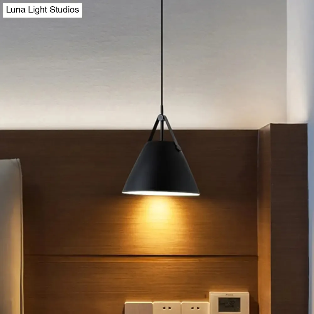 Modernist Conical Pendant Lighting - Metallic Suspension Light with Leather Strap - Black/Blue - 10.5"/14" W - 1 Bulb - Perfect for Tables