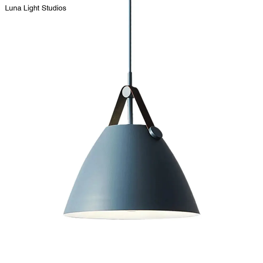 Modernist Conical Pendant Lighting - Metallic Suspension Light with Leather Strap - Black/Blue - 10.5"/14" W - 1 Bulb - Perfect for Tables