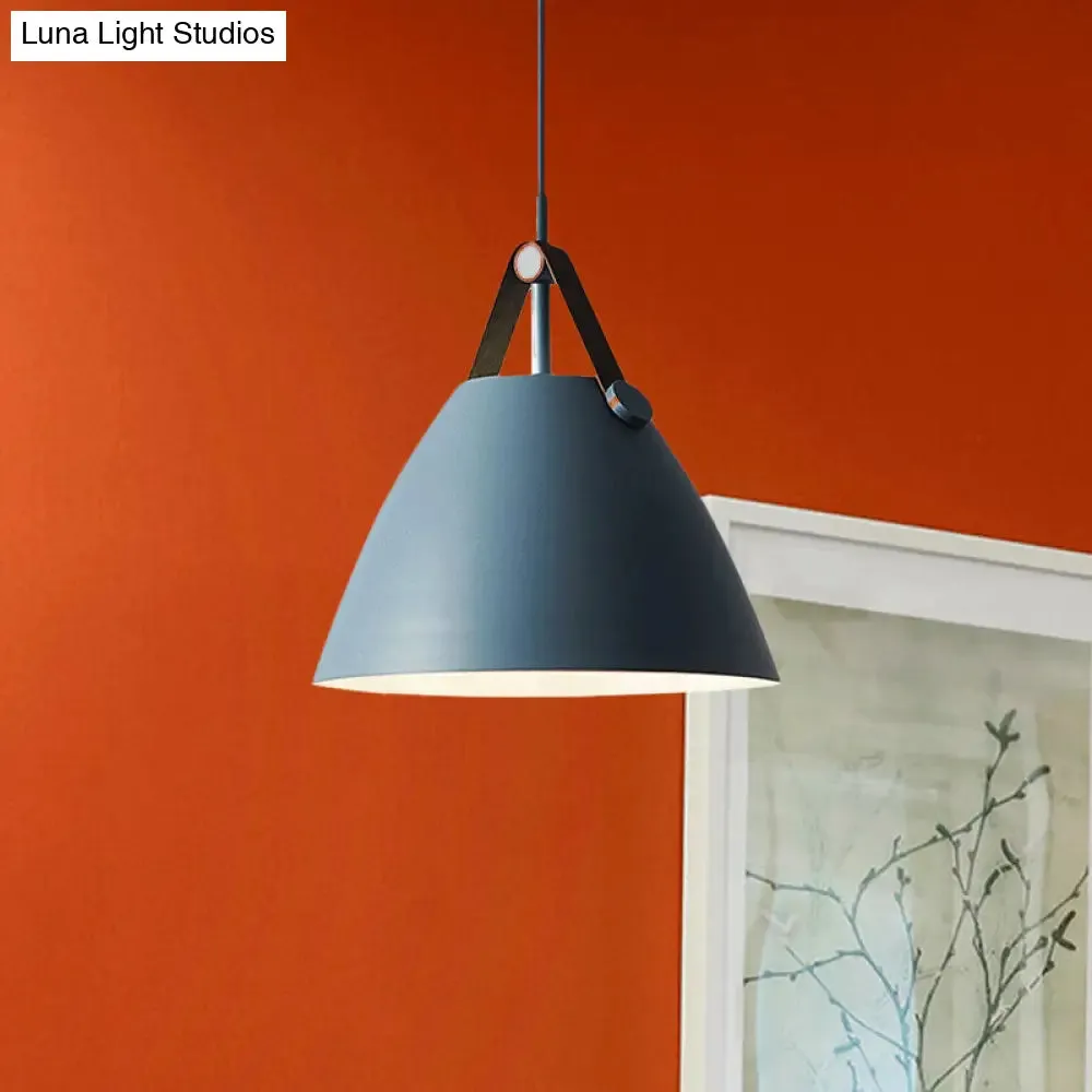 Modernist Conical Pendant Lighting - Metallic Suspension Light with Leather Strap - Black/Blue - 10.5"/14" W - 1 Bulb - Perfect for Tables