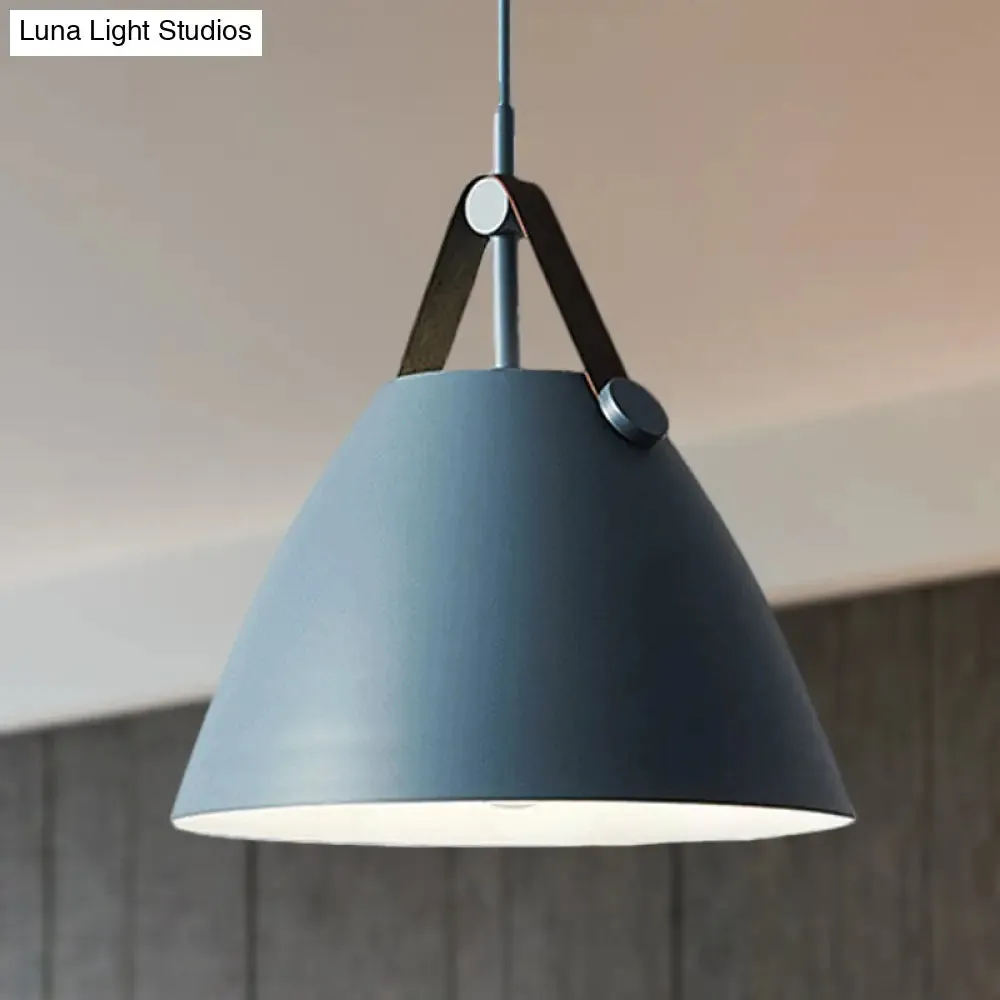 Modernist Conical Pendant Lighting - Metallic Suspension Light with Leather Strap - Black/Blue - 10.5"/14" W - 1 Bulb - Perfect for Tables