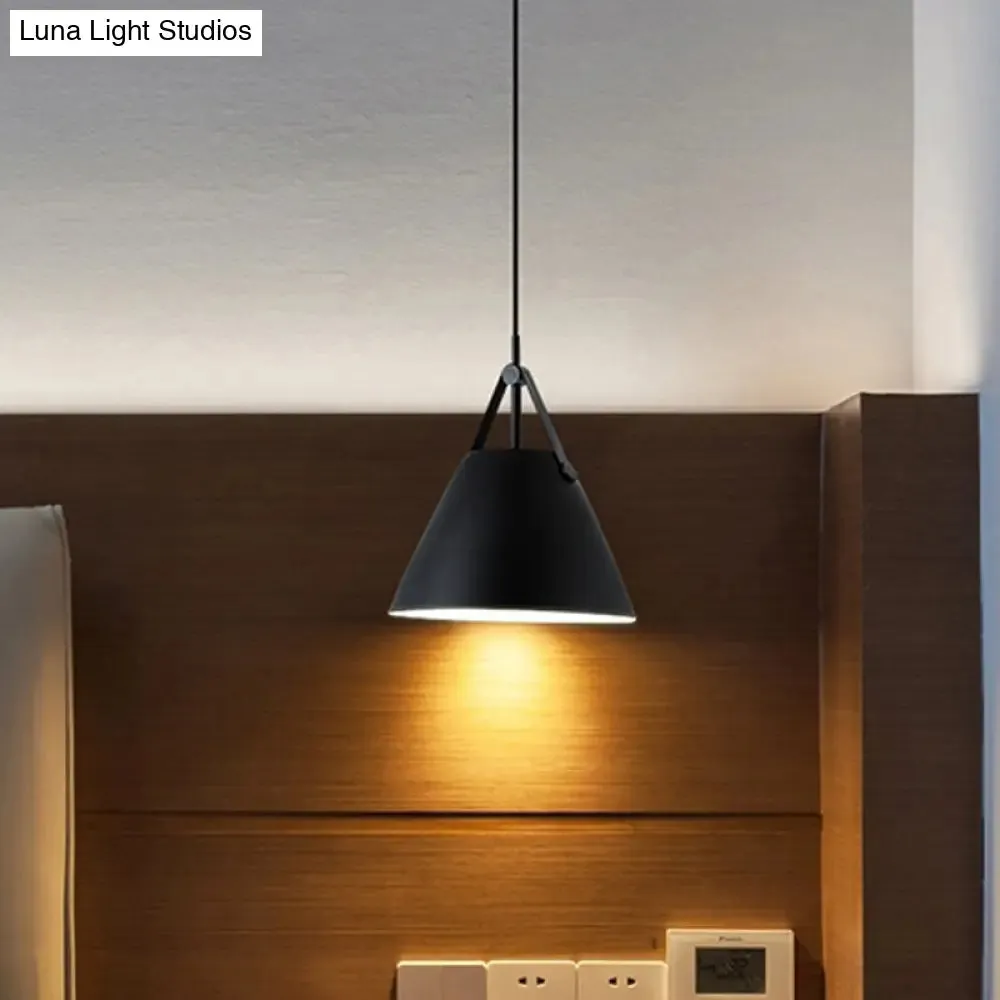 Modernist Conical Pendant Lighting - Metallic Suspension Light with Leather Strap - Black/Blue - 10.5"/14" W - 1 Bulb - Perfect for Tables