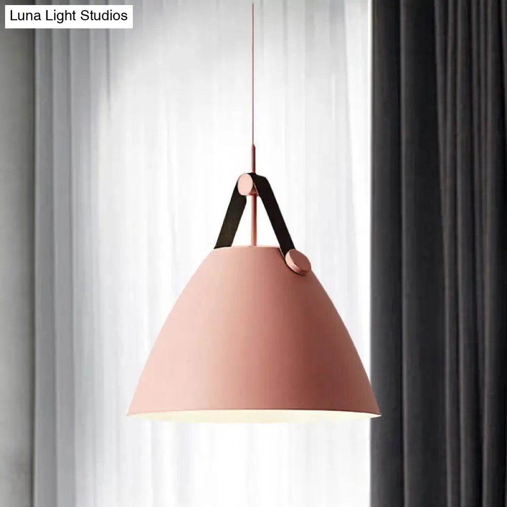 Modernist Conical Pendant Lighting - Metallic Suspension Light with Leather Strap - Black/Blue - 10.5"/14" W - 1 Bulb - Perfect for Tables