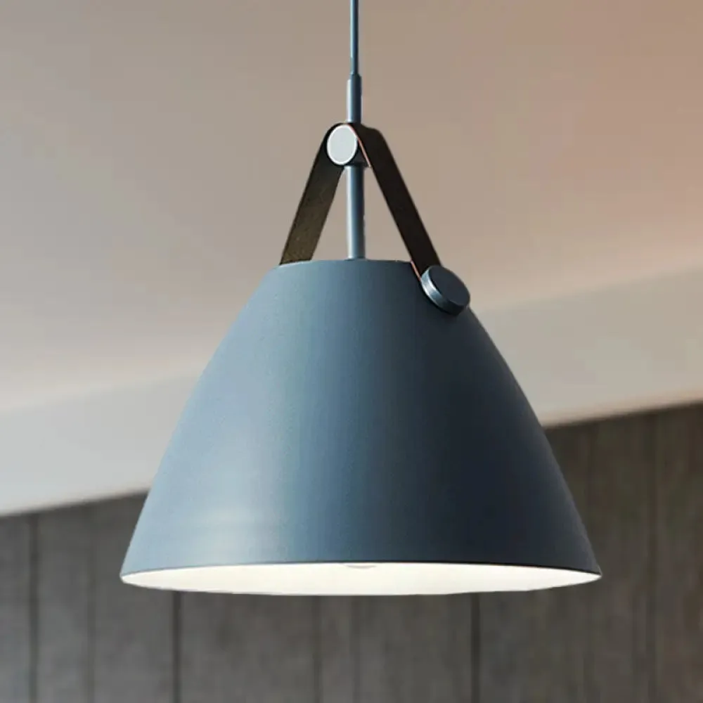 Modernist Conical Pendant Lighting - Metallic Suspension Light with Leather Strap - Black/Blue - 10.5"/14" W - 1 Bulb - Perfect for Tables