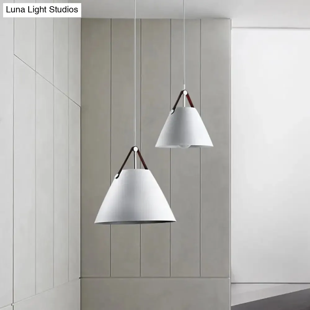 Modernist Conical Pendant Lighting - Metallic Suspension Light with Leather Strap - Black/Blue - 10.5"/14" W - 1 Bulb - Perfect for Tables