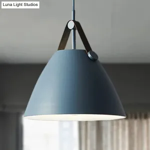 Modernist Conical Pendant Lighting - Metallic Suspension Light with Leather Strap - Black/Blue - 10.5"/14" W - 1 Bulb - Perfect for Tables