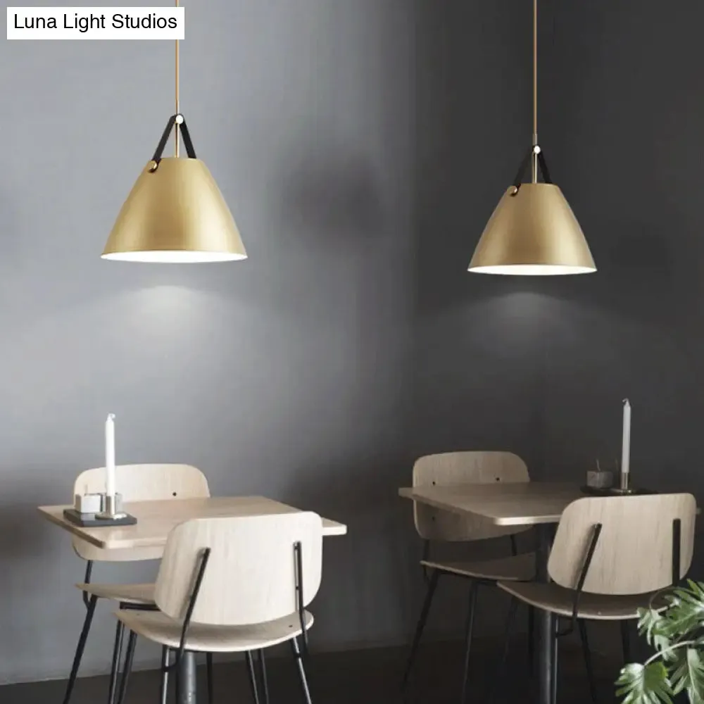 Modernist Conical Pendant Lighting - Metallic Suspension Light with Leather Strap - Black/Blue - 10.5"/14" W - 1 Bulb - Perfect for Tables