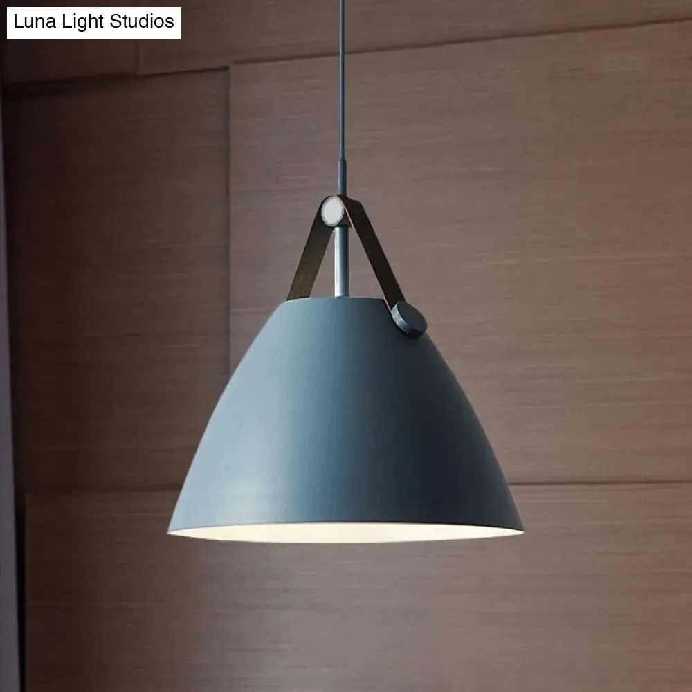 Modernist Conical Pendant Lighting - Metallic Suspension Light with Leather Strap - Black/Blue - 10.5"/14" W - 1 Bulb - Perfect for Tables