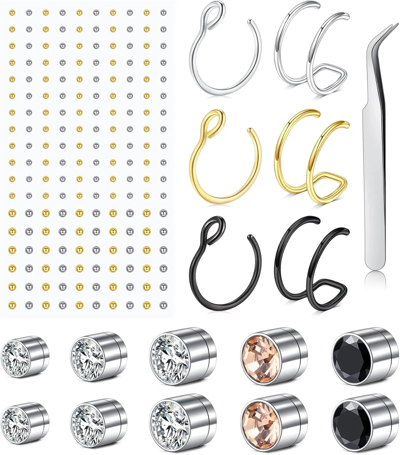 MODRSA Fake Nose Stud & Ring - Clip on, Lip & Eyebrow Piercing - Silver & Gold