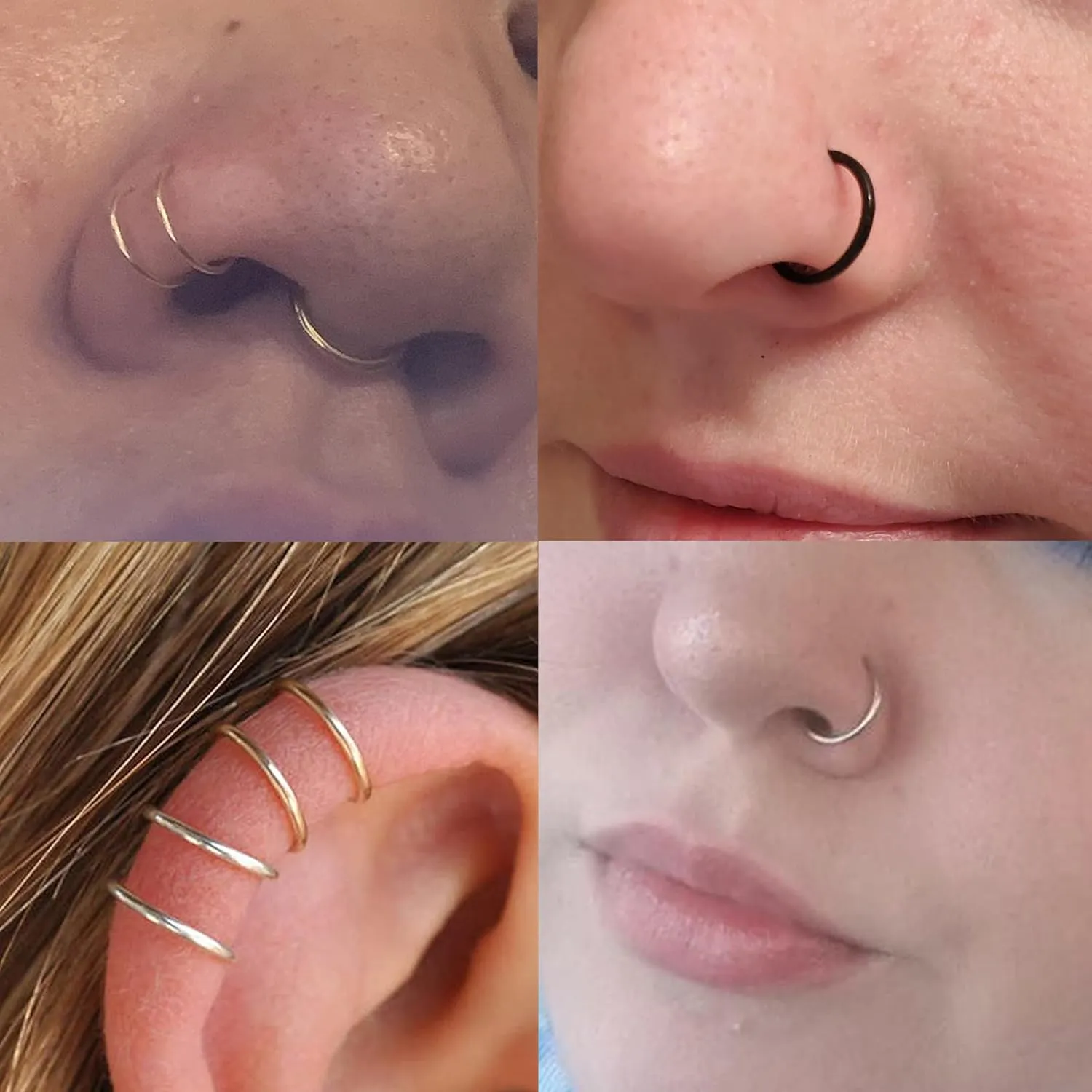 MODRSA Fake Nose Stud & Ring - Clip on, Lip & Eyebrow Piercing - Silver & Gold