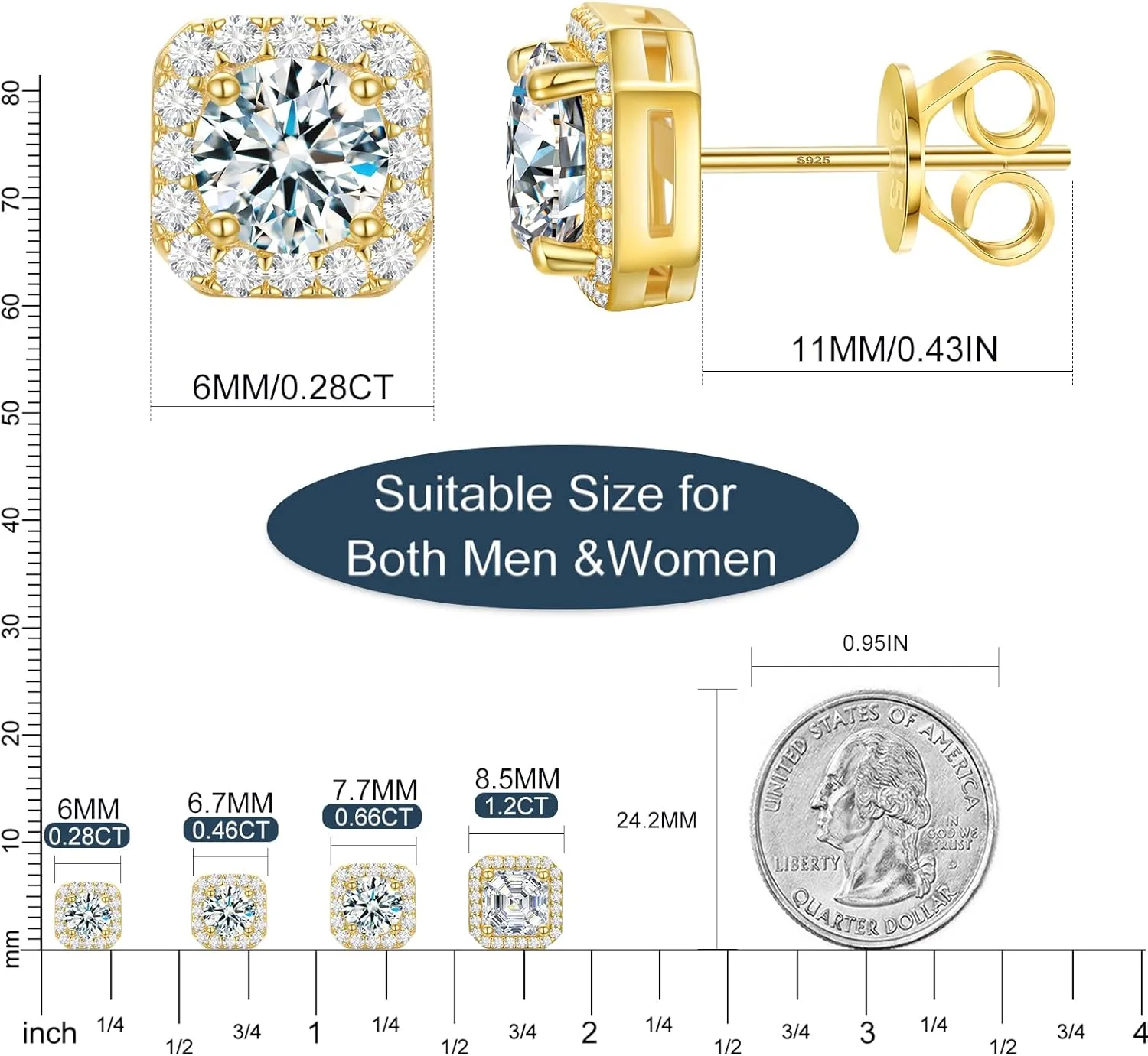 Moissanite Halo Earrings Square 18k Gold Plated 0.56-2.4CT 6-10mm D Color VVS1 Clarity Moissanite Stud Earrings For Women Men Square Stud Earrings 925 Sterling Silver Hypoallergenic Earrings