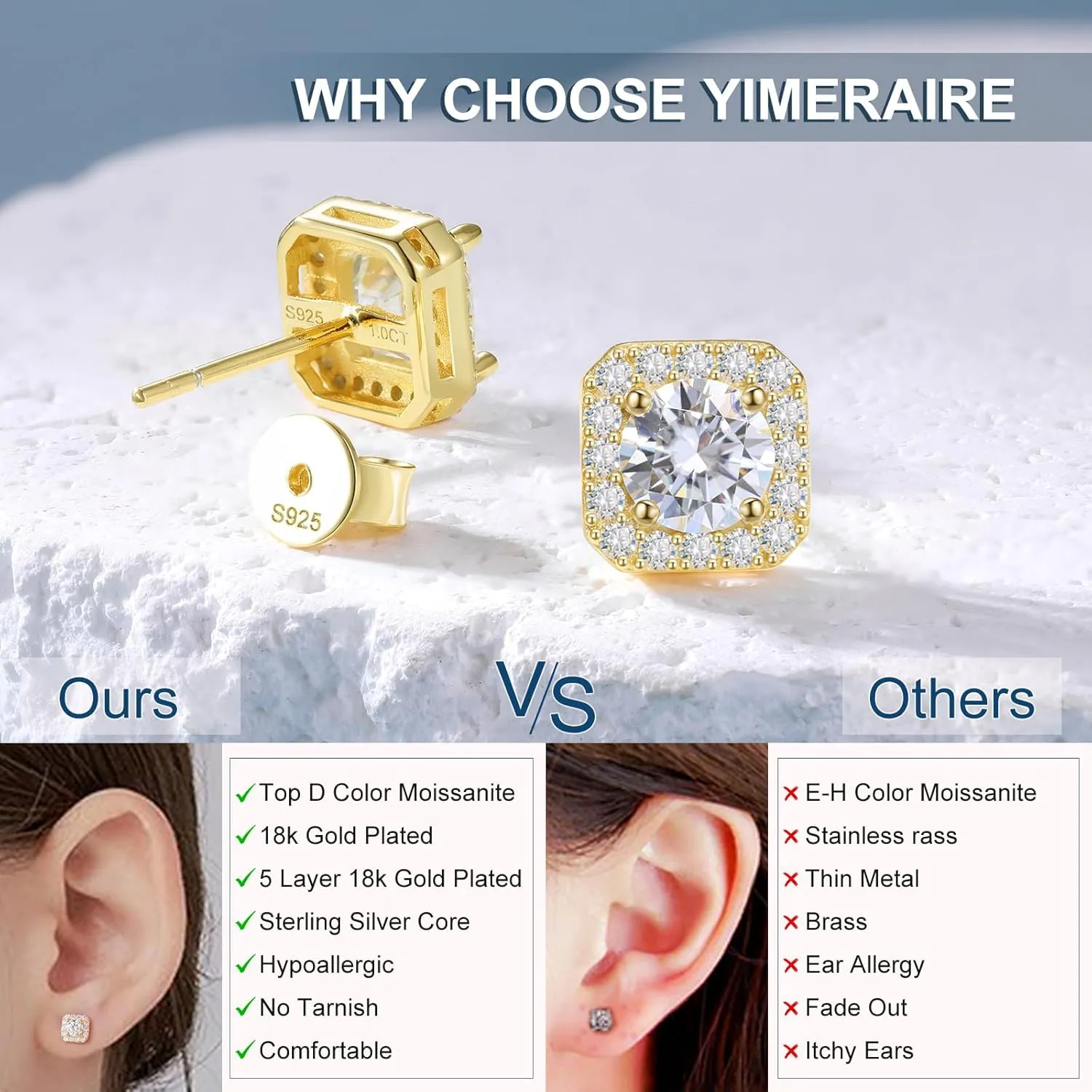 Moissanite Halo Earrings Square 18k Gold Plated 0.56-2.4CT 6-10mm D Color VVS1 Clarity Moissanite Stud Earrings For Women Men Square Stud Earrings 925 Sterling Silver Hypoallergenic Earrings