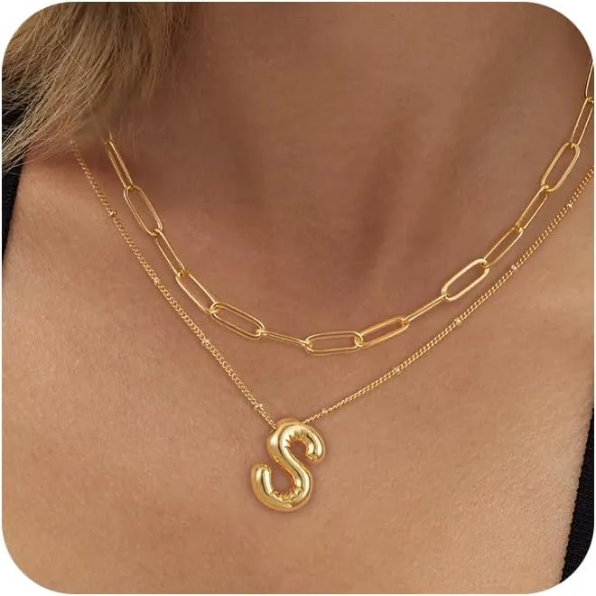 Moodear Bubble Letter Necklace Gold for Women Trendy Dainty 14K Gold Plated Bubble initial Necklace Layered Gold Initial Choker Pendant Necklaces for Women Name Necklace Personalised Gift