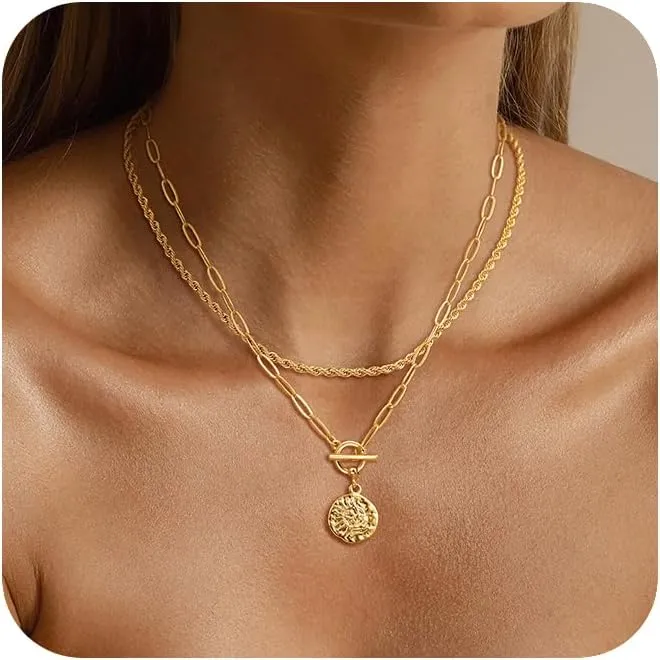 Moodear Gold Layered Necklace for Women Dainty 14K Gold Plated Snake Chain Necklace Paperclip Chain Choker Layered Pendent Necklace for Women Trendy Fashion Jewelry