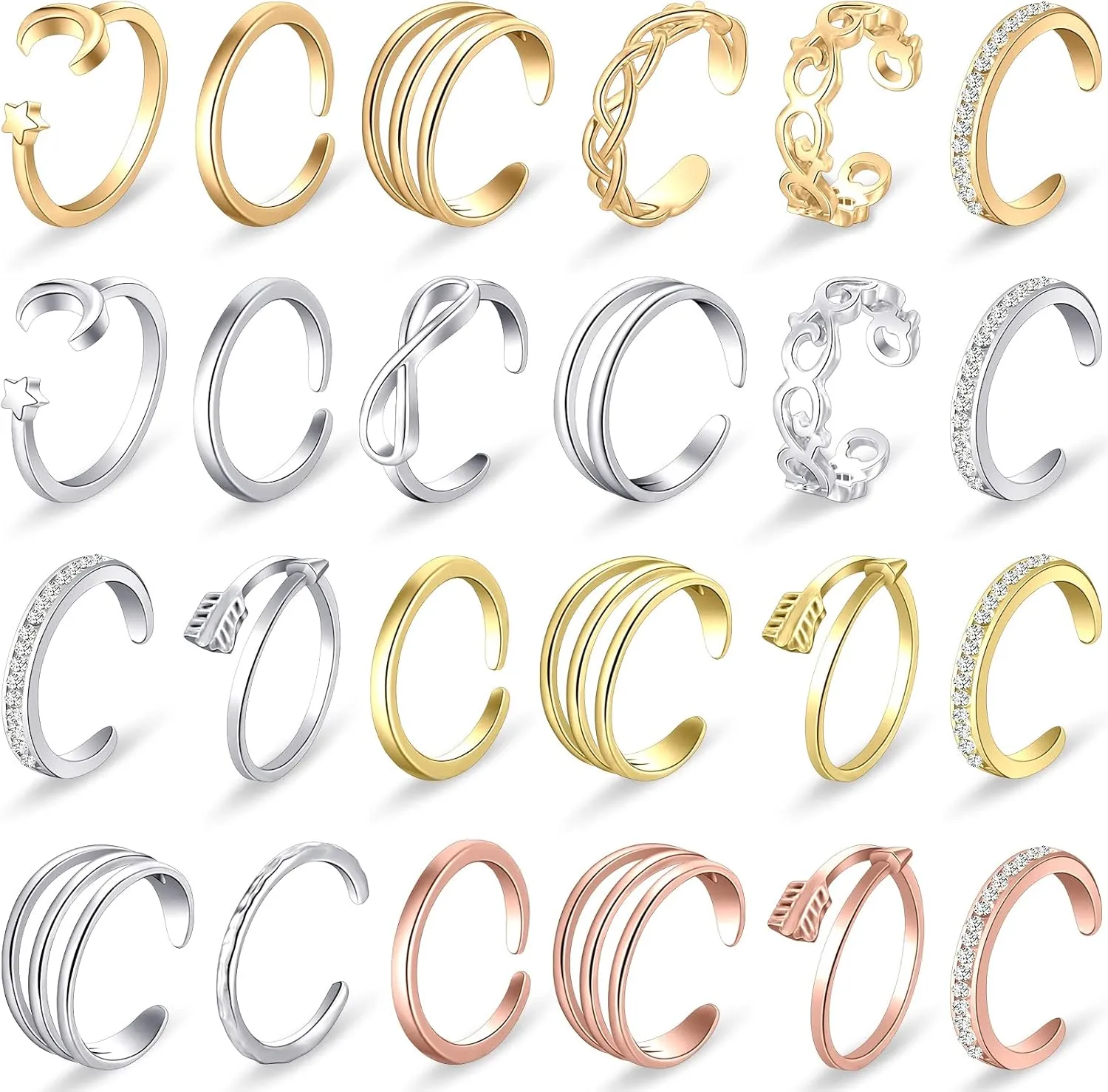 MTLEE 24 Pcs Toe Rings for Women Adjustable Toe Rings Band Open Tail Ring Silver and Gold Toe Ring Summer Toe Rings Beach Jewelry