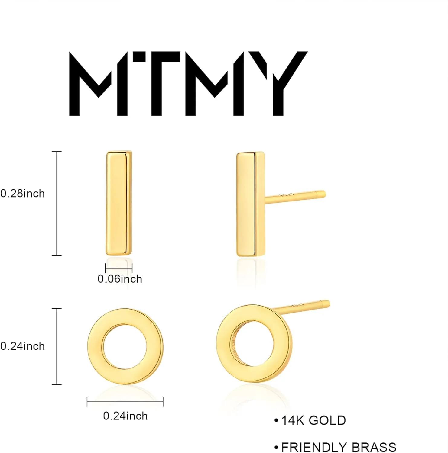 MTMY Gold Stud Earring for Women 2 Pairs of 14K Gold Plated Hypoallergenic Simple Small Stud Earring Set Tiny Bar, Circle, Heart, Triangle, Star, Crown, Flower Dainty Earrings Jewelry