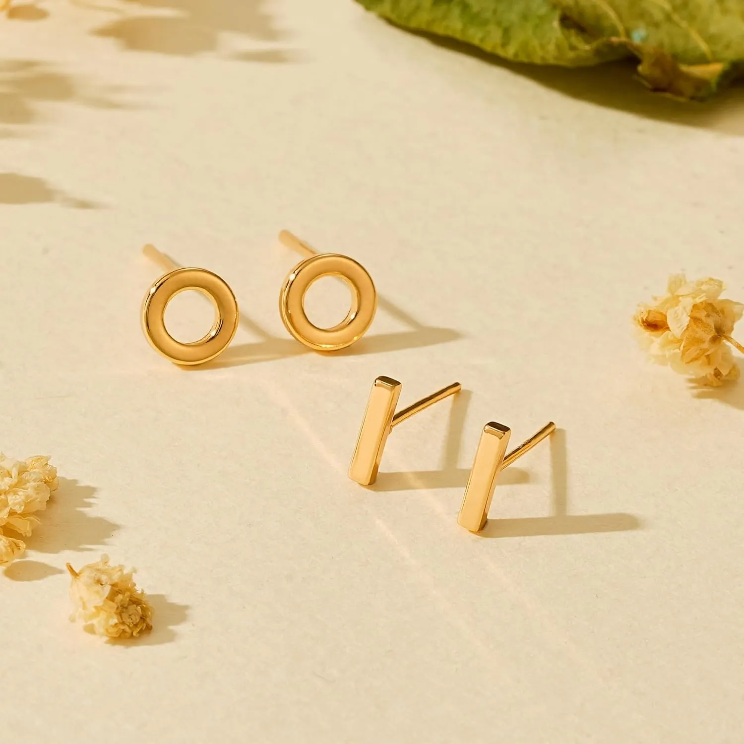 MTMY Gold Stud Earring for Women 2 Pairs of 14K Gold Plated Hypoallergenic Simple Small Stud Earring Set Tiny Bar, Circle, Heart, Triangle, Star, Crown, Flower Dainty Earrings Jewelry