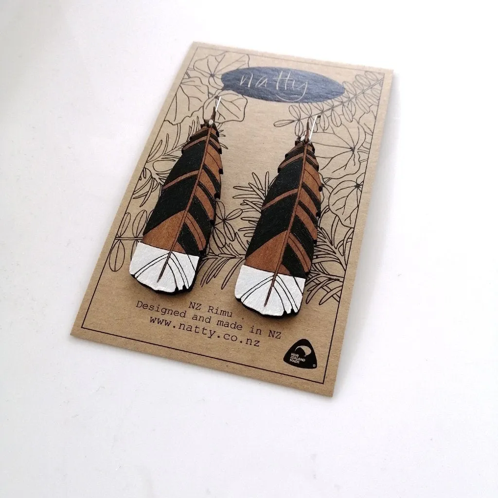 Natty Large Hanging Huia Feather Rimu Earrings J64
