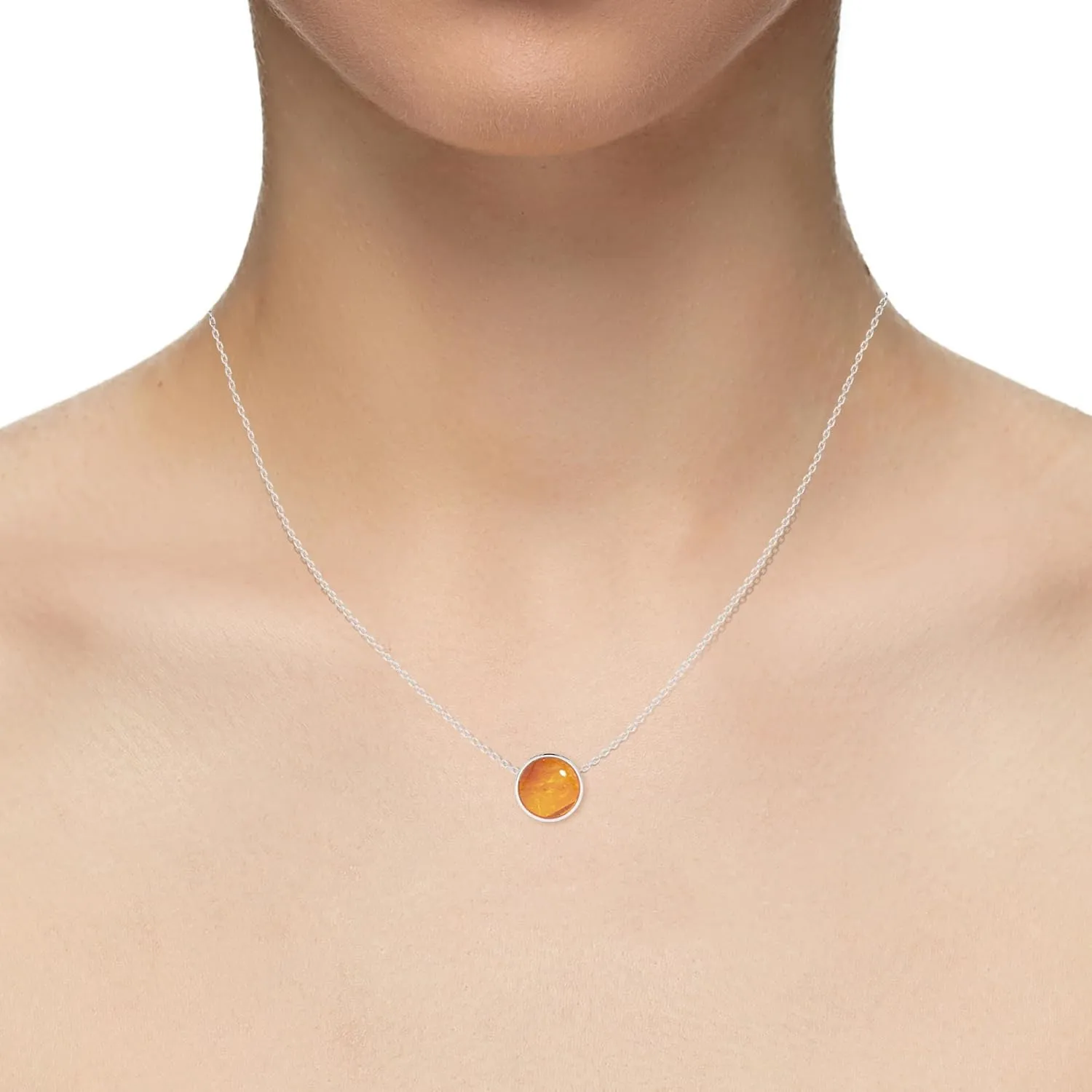 Natural Amber Slider Pendant Necklace for Women in Sterling Silver, October Birthstone Jewelry Gifts for Her Birthday, Anniversary, Christmas, Graduation