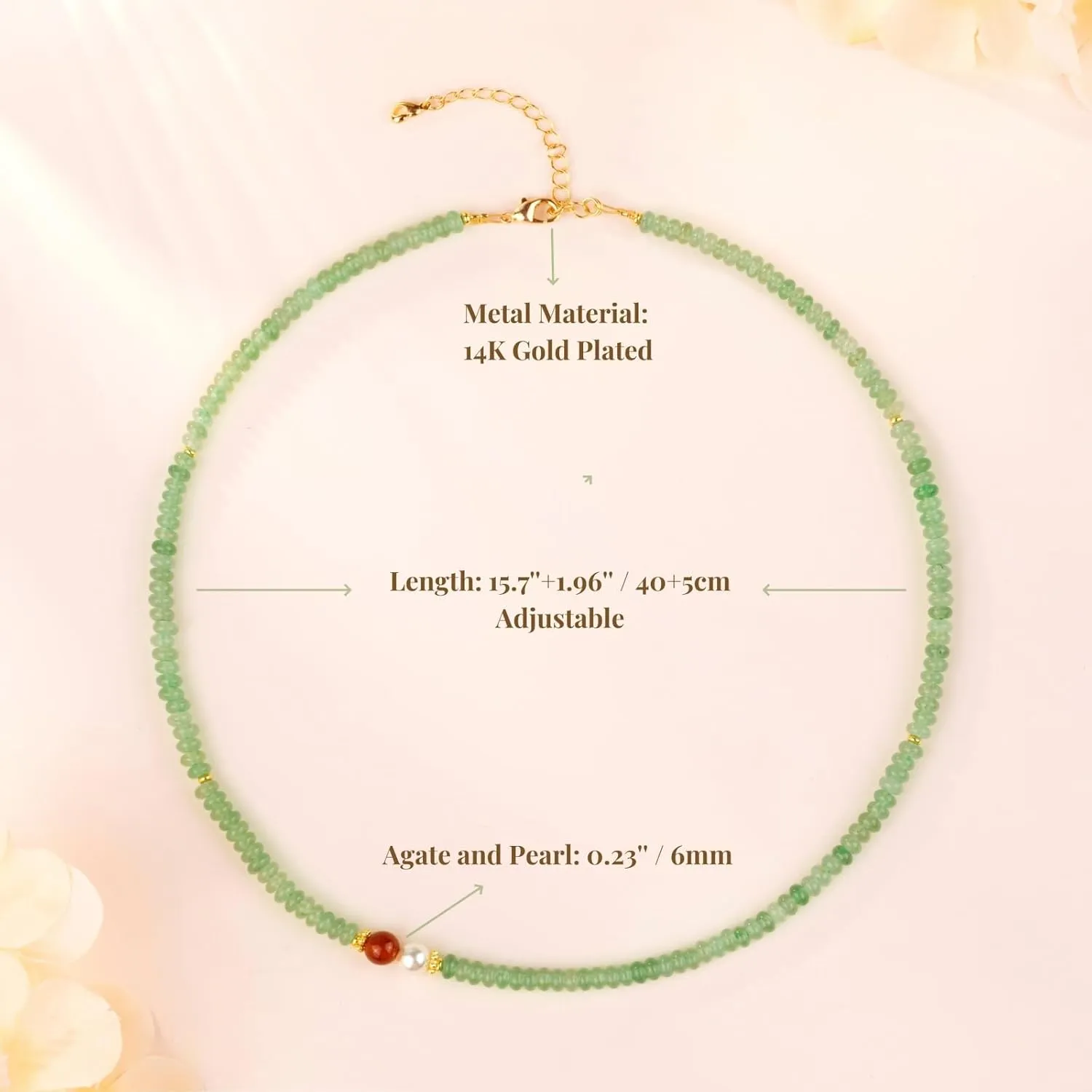 Natural Green Jade Necklace for Women Girl, Asymmetric Design Handmade Dainty Green Aventurine Jade Choker Beaded Necklace with Red Agate & Crystals Pearl (Adjustable Size 15.7 2'')