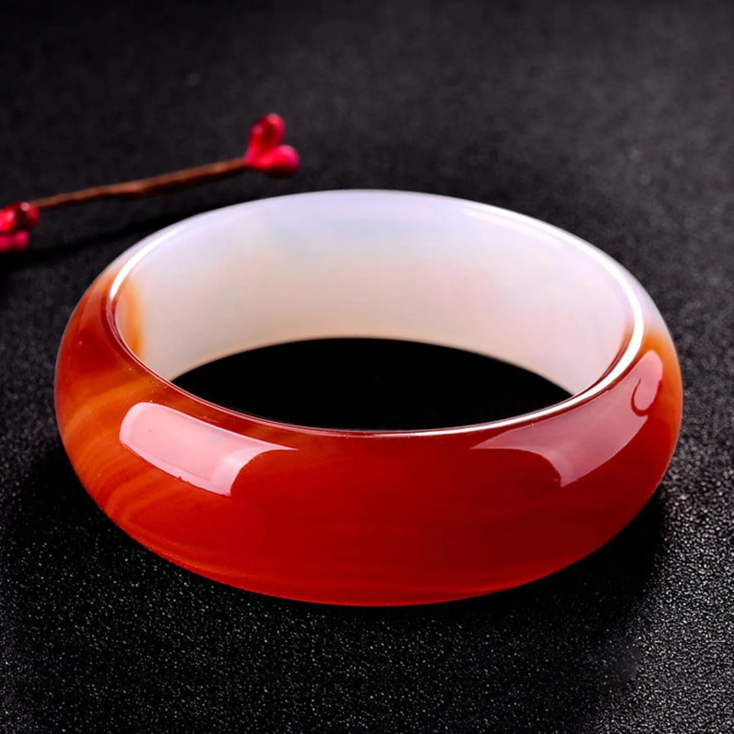 Natural Jade Bangle Bracelet For Women White and Red Wide Strip Good Luck And Happiness Bracelet