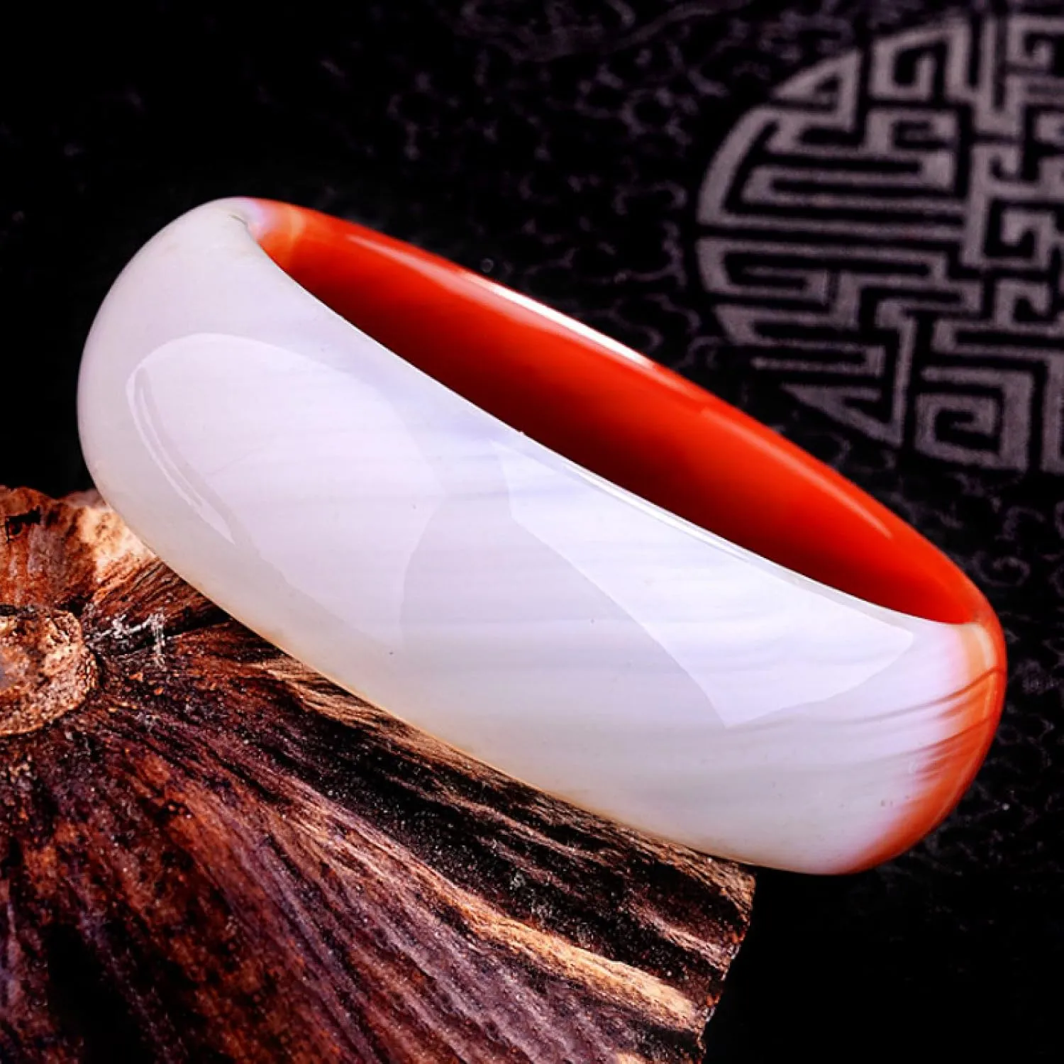 Natural Jade Bangle Bracelet For Women White and Red Wide Strip Good Luck And Happiness Bracelet