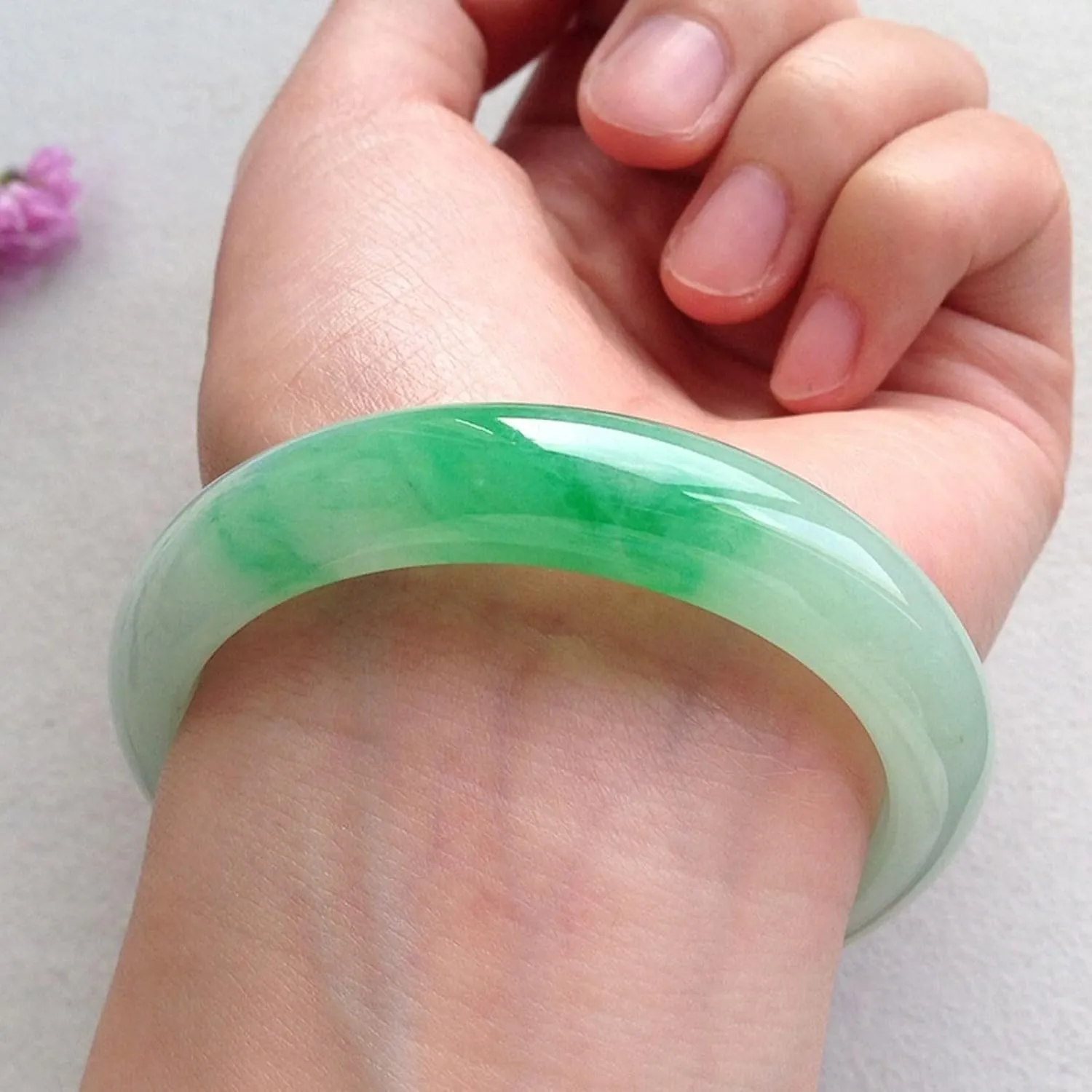 natural jade bracelet, Women, White Light Green Floating Flower Ice Jade Bangle,vintage bracelet women