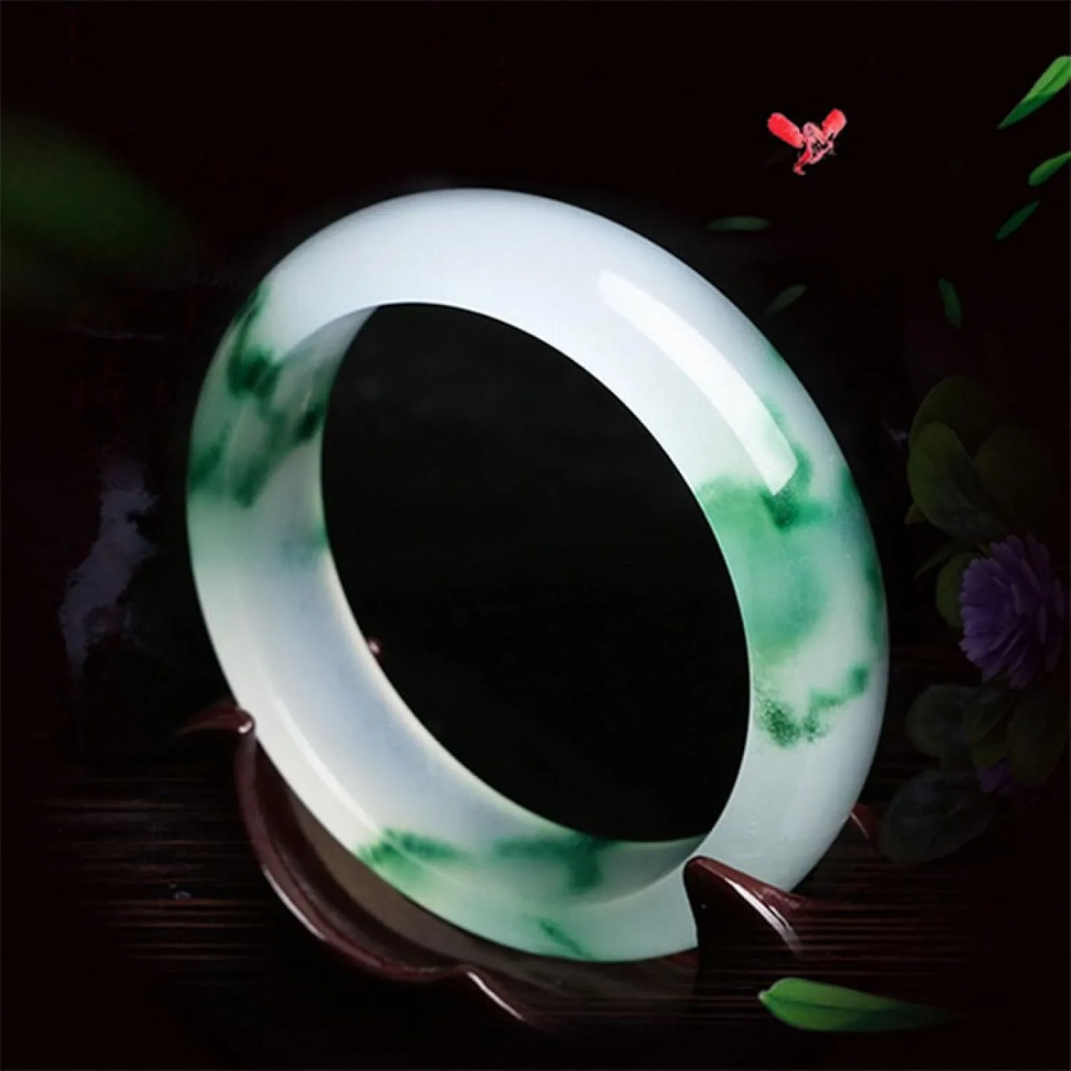Natural jadeite bracelet, genuine white and green floating flowers for women, quartz jewelry