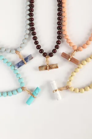 NATURAL STONE PENDANT WOODEN BEADS NECKLACE