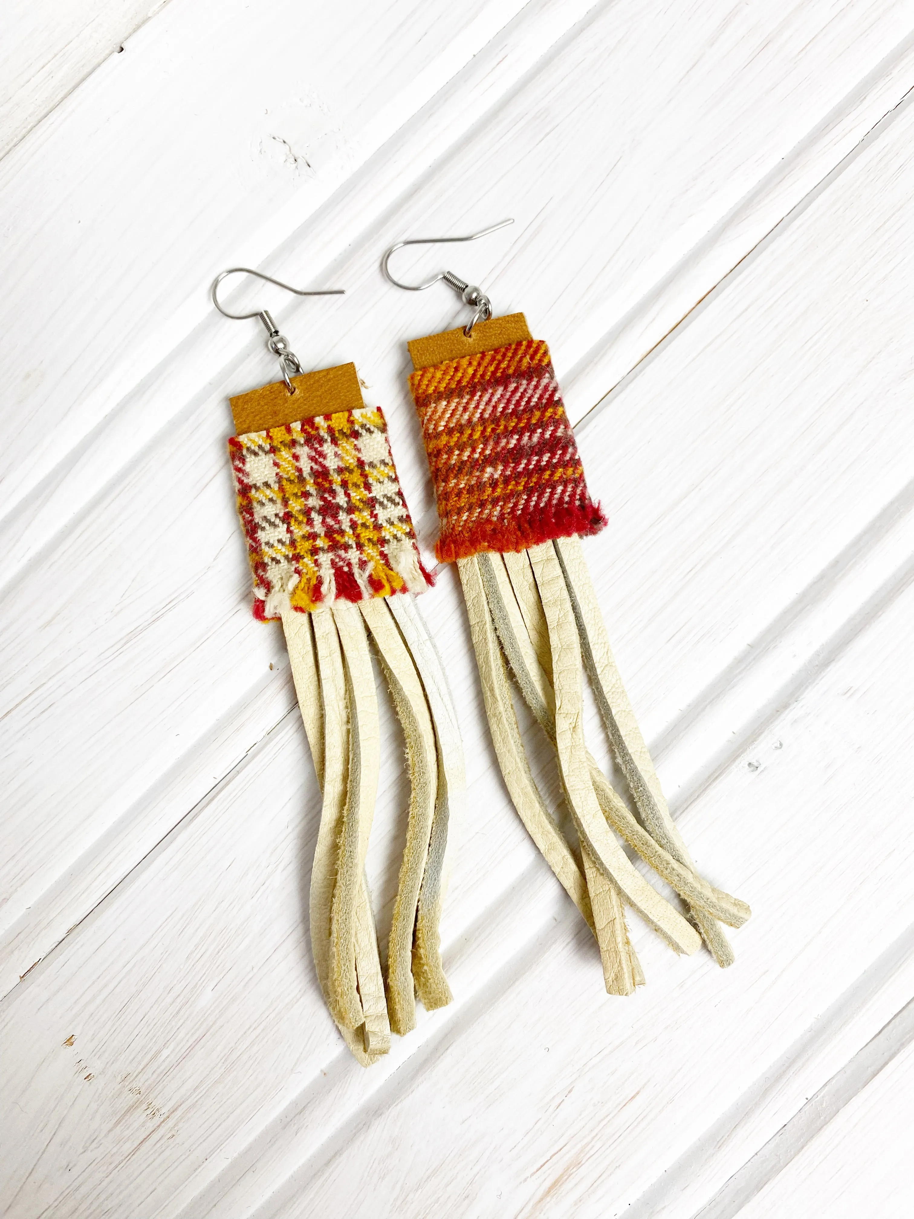 NEW! Eco Friendly Flannel Plaid and Leather Fringe Earrings, Upcycled Earrings, Gift for Her