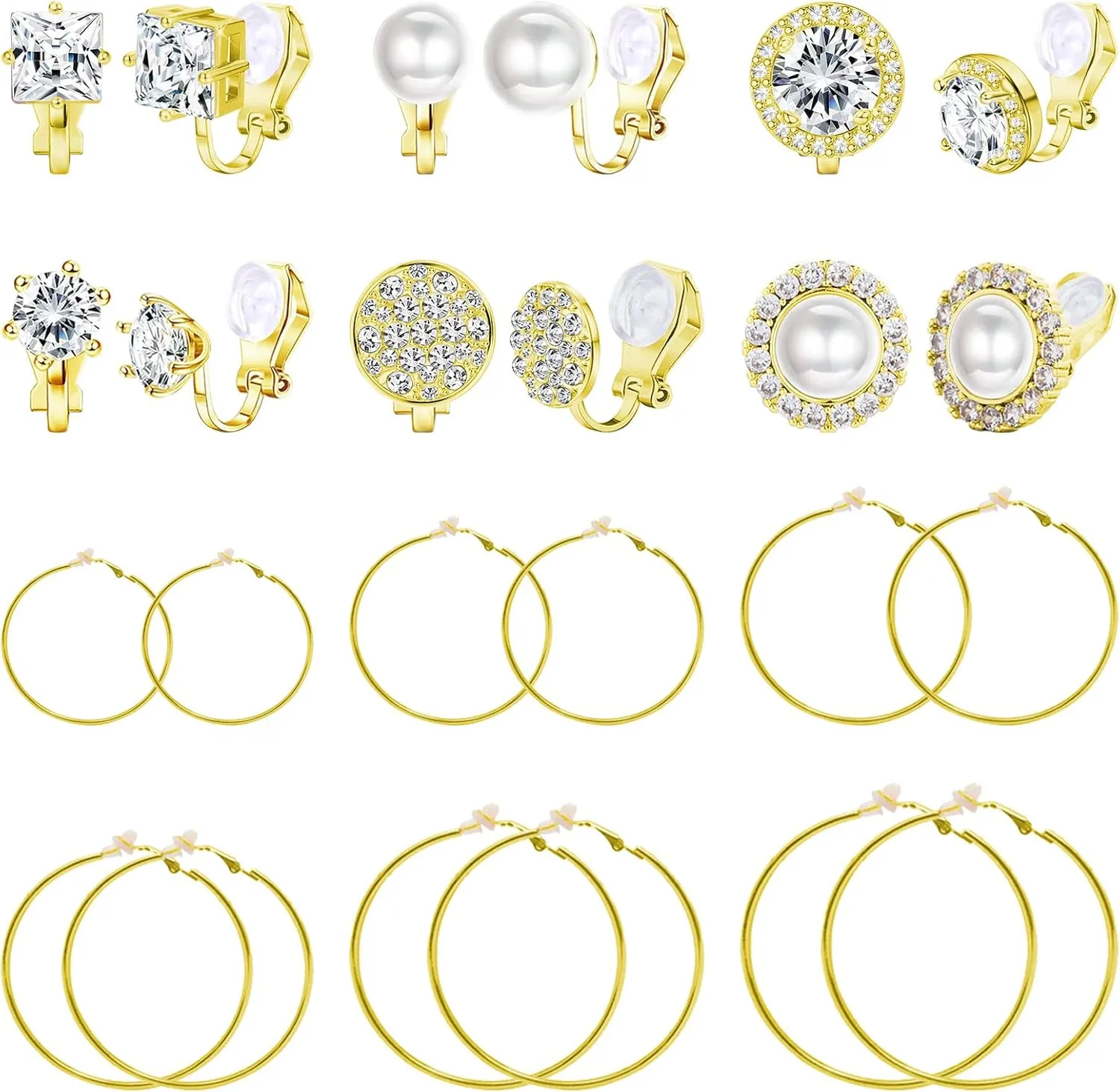 NEWITIN 12 Pairs Clip On Earrings for Women Cute Earring Crystal Pearl Stud Charming Fashion Earring Non Piercing Clip on Stud Earrings for Women