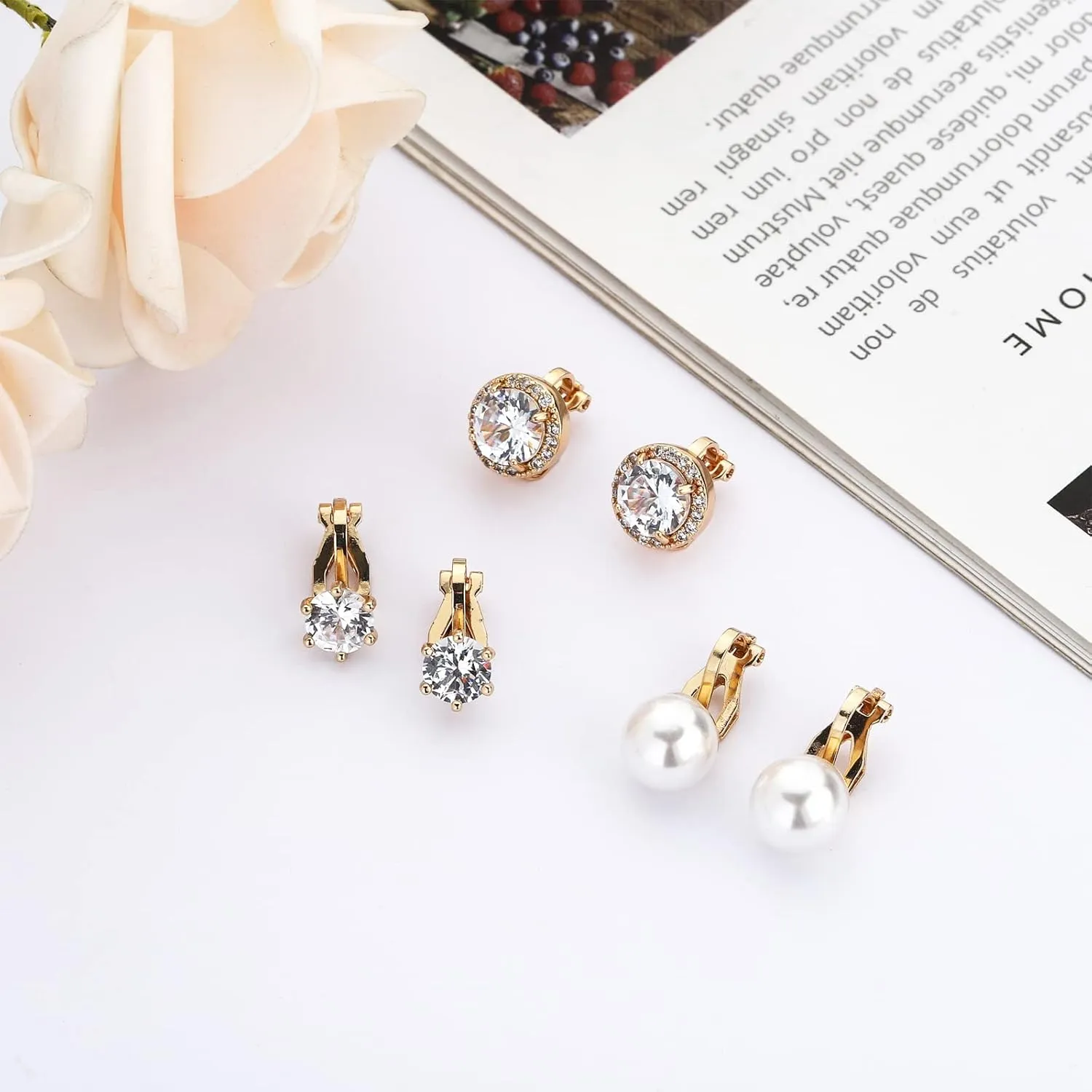 NEWITIN 12 Pairs Clip On Earrings for Women Cute Earring Crystal Pearl Stud Charming Fashion Earring Non Piercing Clip on Stud Earrings for Women