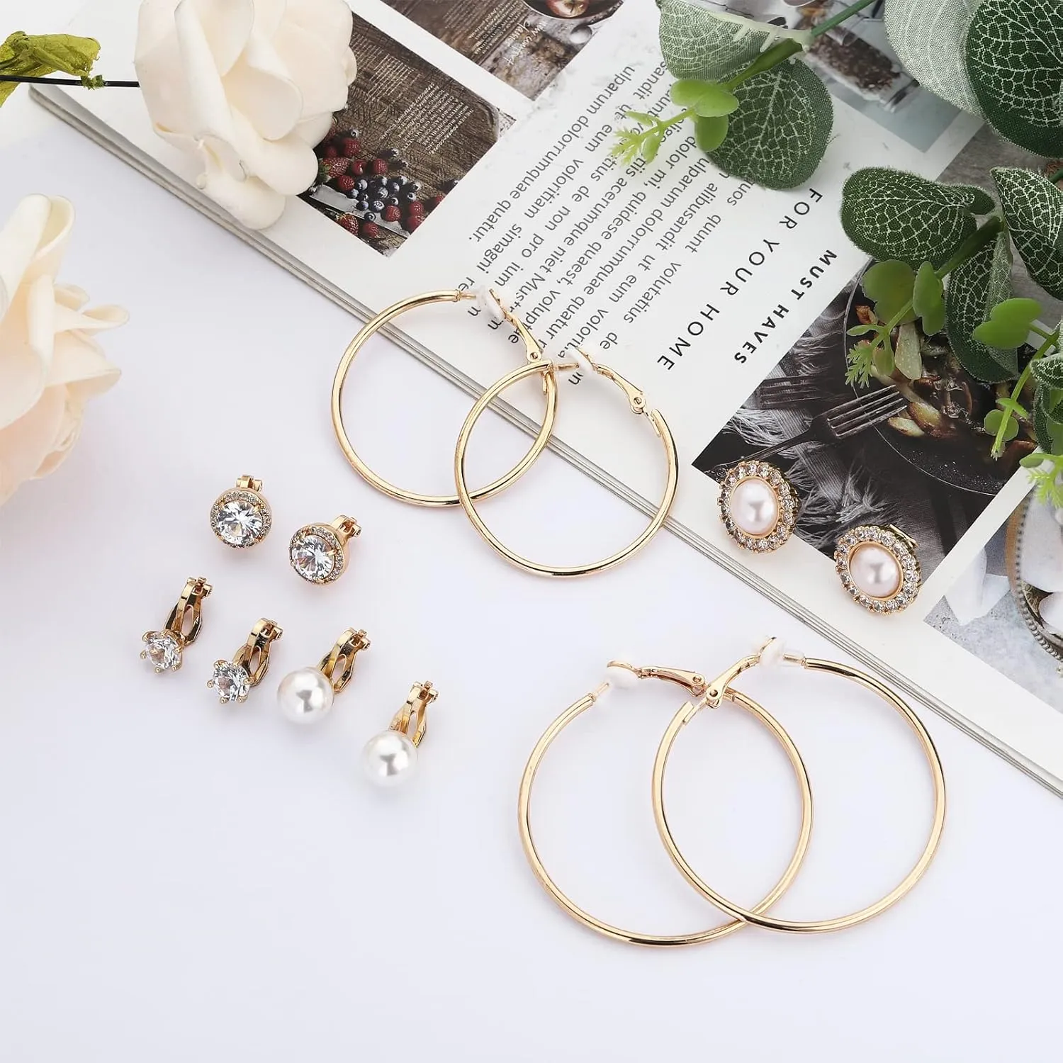 NEWITIN 12 Pairs Clip On Earrings for Women Cute Earring Crystal Pearl Stud Charming Fashion Earring Non Piercing Clip on Stud Earrings for Women