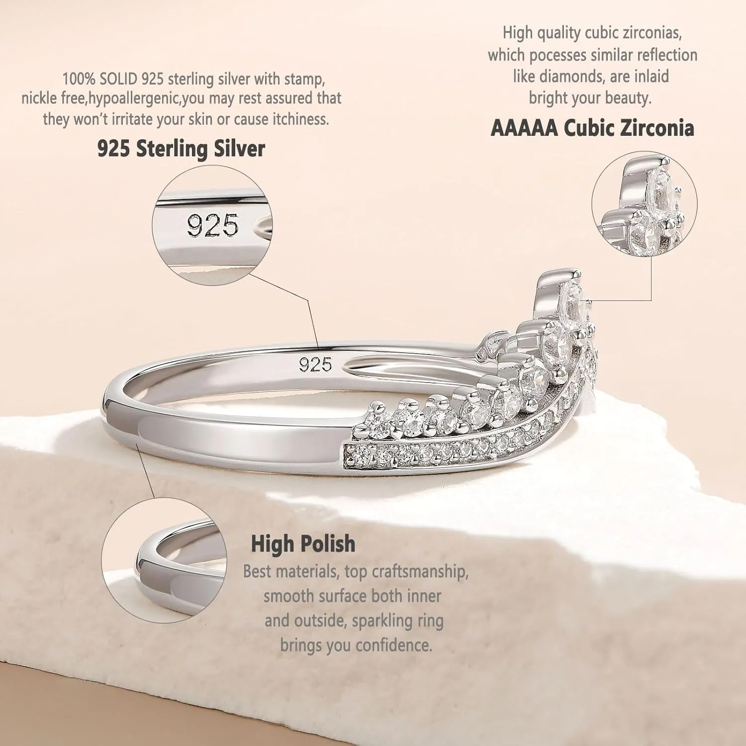 Newshe Jewellery AAAAA Crown Wedding Band for Women Stackable Eternity Rings 925 Sterling Silver Engagement Ring Size 5-10
