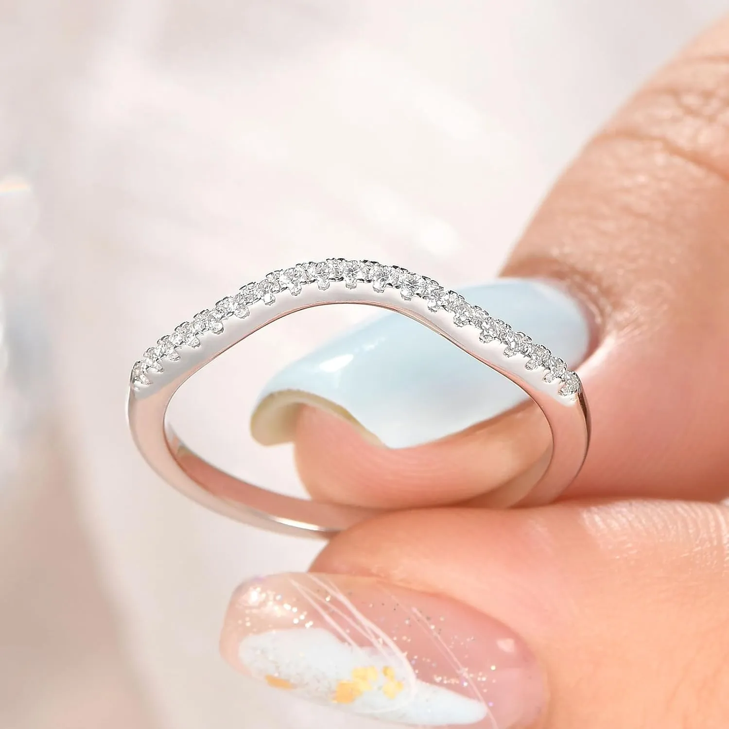 Newshe Jewellery Moissanite Curved Wedding Bands for Her Stacking Eternity Rings 925 Sterling Silver Wishbone Size 5-10