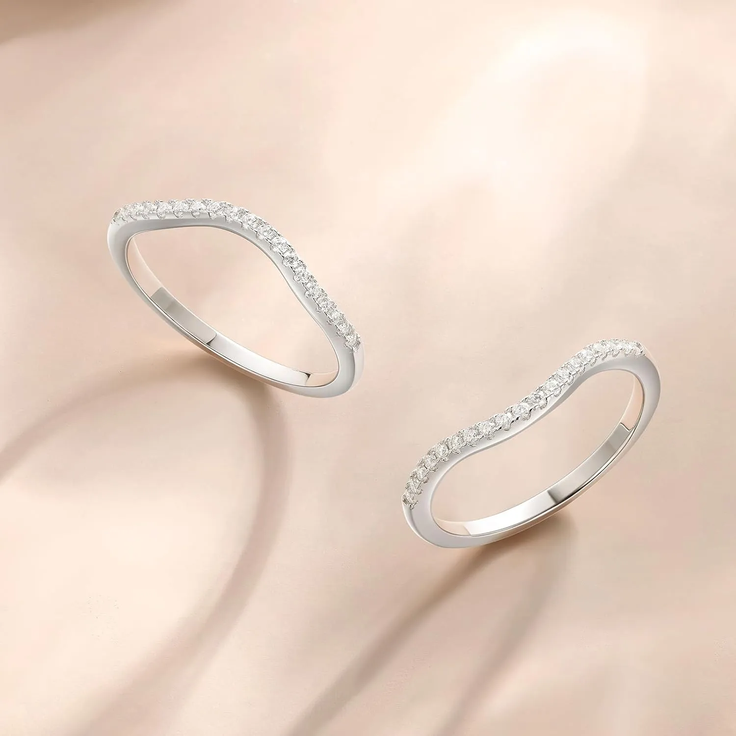 Newshe Jewellery Moissanite Curved Wedding Bands for Her Stacking Eternity Rings 925 Sterling Silver Wishbone Size 5-10