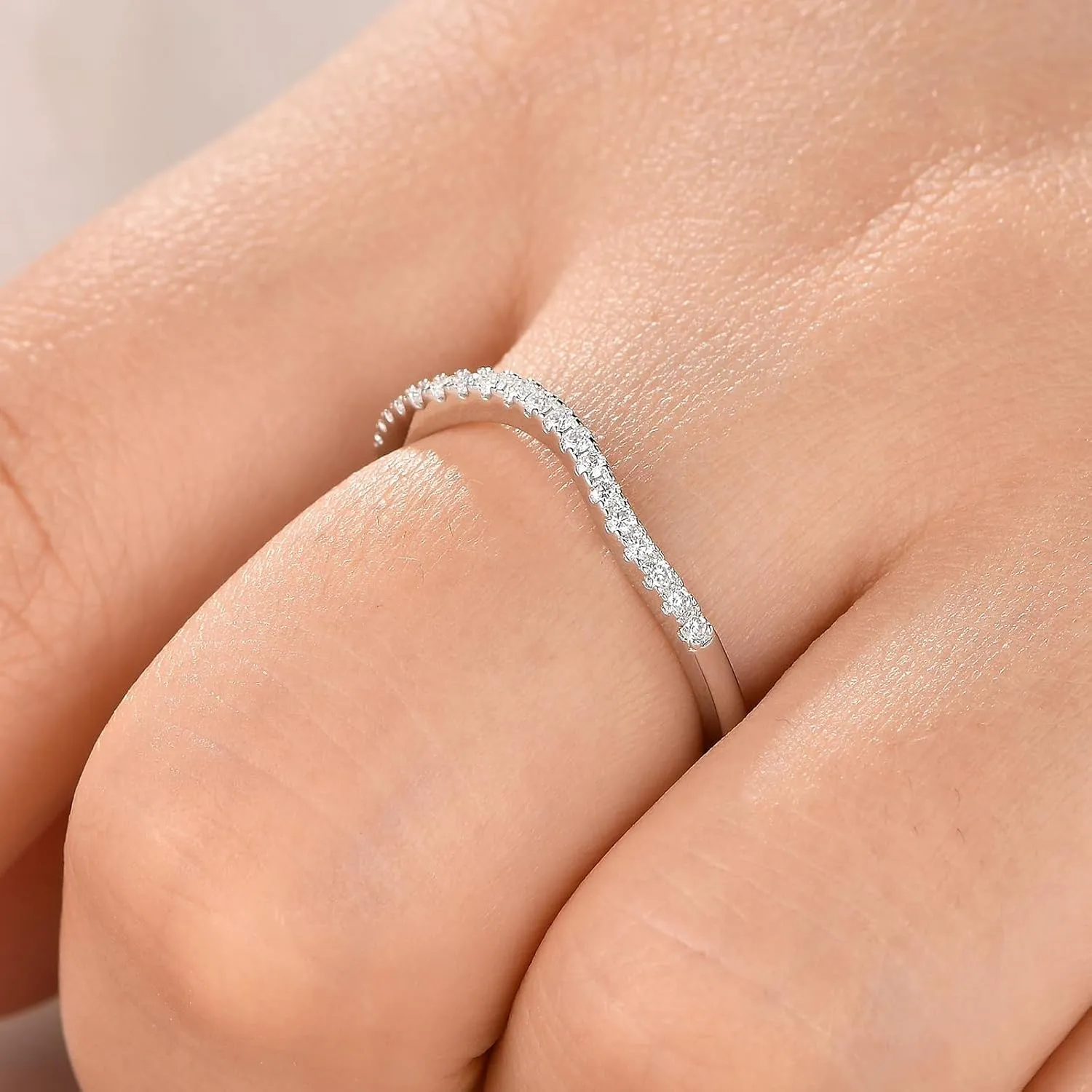 Newshe Jewellery Moissanite Curved Wedding Bands for Her Stacking Eternity Rings 925 Sterling Silver Wishbone Size 5-10