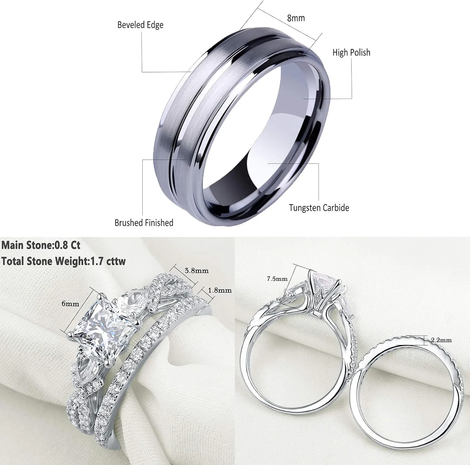 Newshe Jewellery Wedding Rings Set for Him and Her AAAAA Cz Women Mens Tungsten Bands 925 Sterling Silver Couples Size 5-12