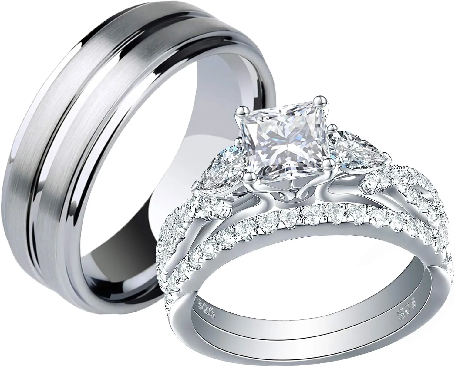 Newshe Jewellery Wedding Rings Set for Him and Her AAAAA Cz Women Mens Tungsten Bands 925 Sterling Silver Couples Size 5-12
